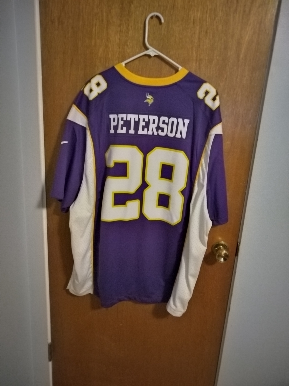 Vikings Purple and White #28 Peterson Football Jersey with Gold Trim